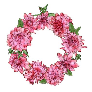 Bahçe çiçeklerinin resmedildiği yaratıcı kompozisyon. Çelenk. Kumaş ya da kağıda baskı yapmak için bir resim. Yaz teması, romantizm, aşk, bolluk ve refah..