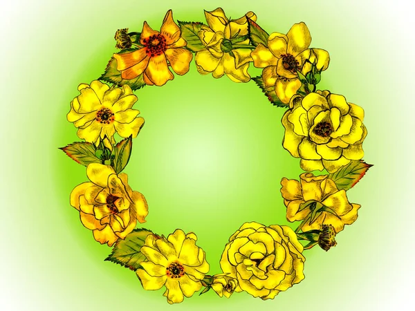 Δημιουργική Σύνθεση Την Εικόνα Λουλουδιών Κήπου Στεφάνι Εικονογράφηση Για Εκτύπωση — Φωτογραφία Αρχείου