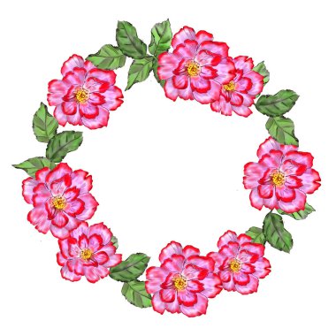 Bahçe çiçeklerinin resmedildiği yaratıcı kompozisyon. Çelenk. Kumaş ya da kağıda baskı yapmak için bir resim. Yaz teması, romantizm, aşk, bolluk ve refah..