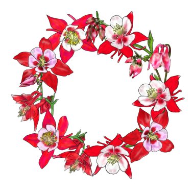 Bahçe çiçeklerinin resmedildiği yaratıcı kompozisyon. Çelenk. Kumaş ya da kağıda baskı yapmak için bir resim. Yaz teması, romantizm, aşk, bolluk ve refah..