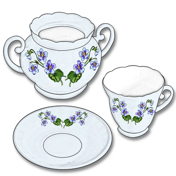 Creative composition with the image of tea utensils. Items from the tea set close-up, pencil drawing. Illustration for printing on paper or fabric.