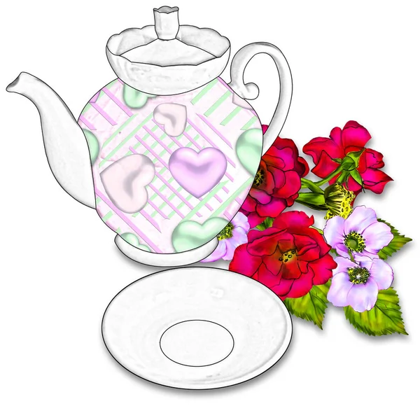 Creative Composition Image Tea Utensils Items Tea Set Close Pencil — Stock Photo, Image