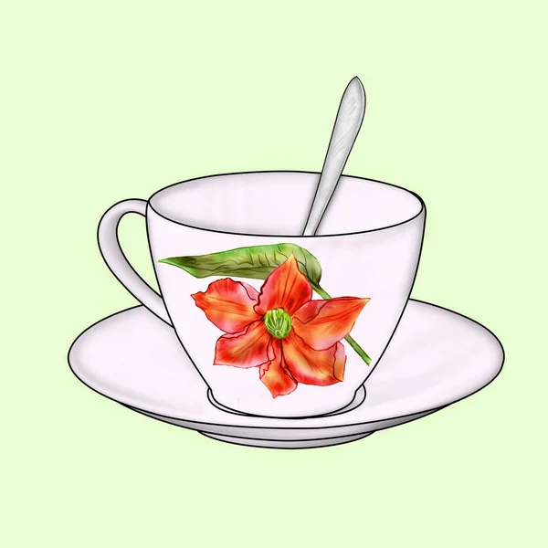 Kreatywna Kompozycja Wizerunkiem Naczyń Herbaty Przedmioty Zestawu Herbaty Zbliżenie Rysunek — Zdjęcie stockowe