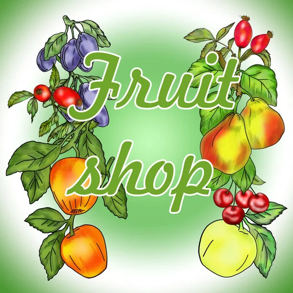 Bright banner with the image of fruit. A sign for a fruit store, advertising natural products, gifts of nature. Material for advertising.