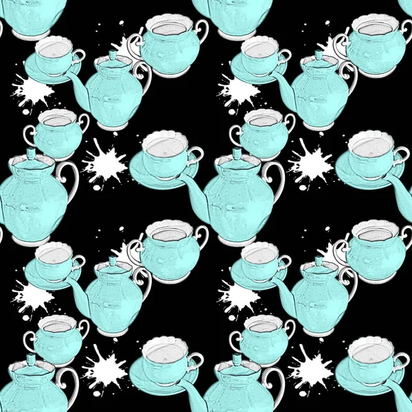 Kreative Komposition Mit Küchenutensilien Teegeschirr Verschiedenen Größen Auf Schwarzem Hintergrund — Stockfoto