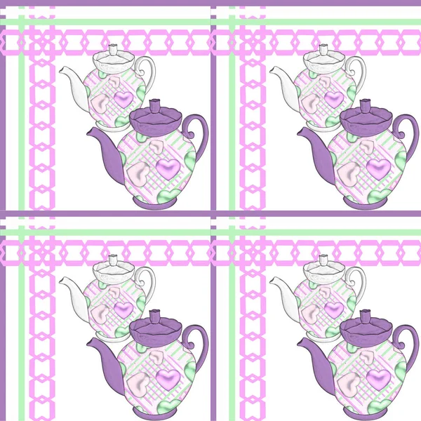 Creative composition with kitchen items. Tea ware of different sizes on a black background. Pencil drawing. Abstraction. Pattern for printing on paper or fabric. Seamless pattern.