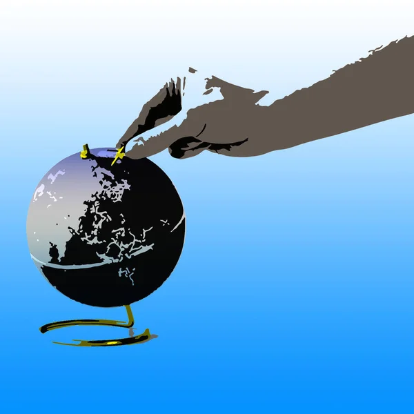 Збільшився Глобус Синьому Фоні Рука Подібна Вказівника Відповідне Місце Землі — стокове фото
