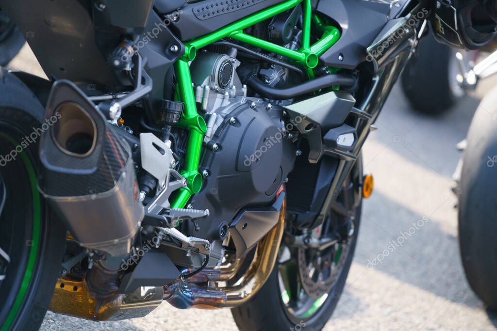 Motorcycle parked on the motorcycles parking lot, Closeup of motorcycles side view
