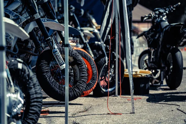 Front Tire Parked Supermoto Motorcycle — Foto Stock