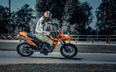 05-08-2020 Riga, Latvia Motard motorcycle in corner of track.