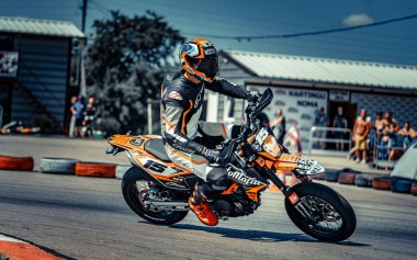 05-08-2020 Riga, Latvia Motard motorcycle in corner of track.