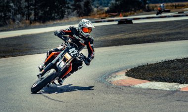 05-08-2020 Riga, Latvia Motard motorcycle in corner of track.