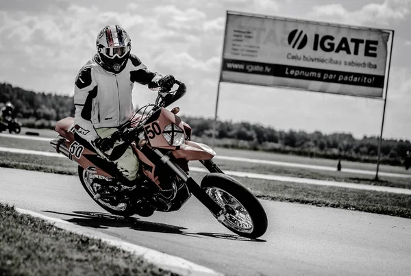 2020 Ropazi Latvia Motorcyclist Supermoto Rides Empty Asphalt Road — Stock Photo, Image