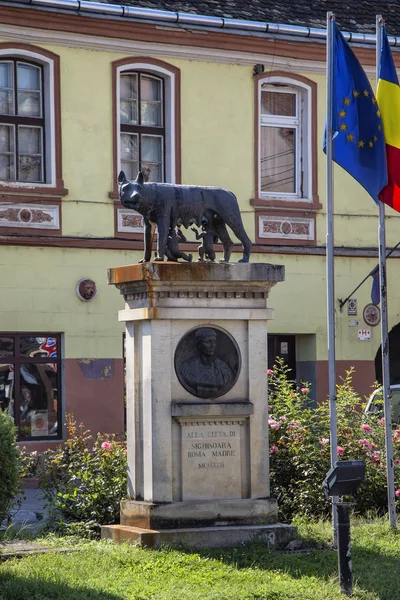 Sighisoara Mures România August 2018 Statuia Lupului Capitolin Romulus Remus — Fotografie, imagine de stoc