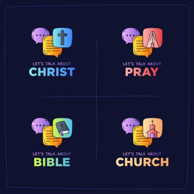 İsa hakkında İncil, kilise, dua ile simge doodle illüstrasyon iletişim konuşma kabarcıklar konuşalım.