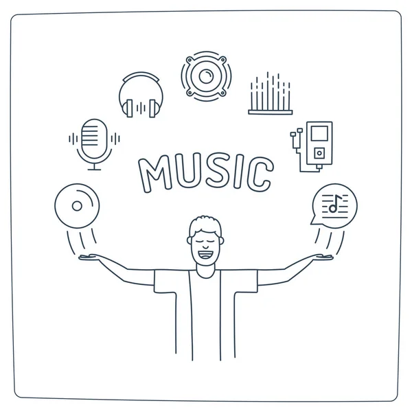 Personaggio Uomo Musica Con Mani Alto Audio Doodle Icone — Vettoriale Stock