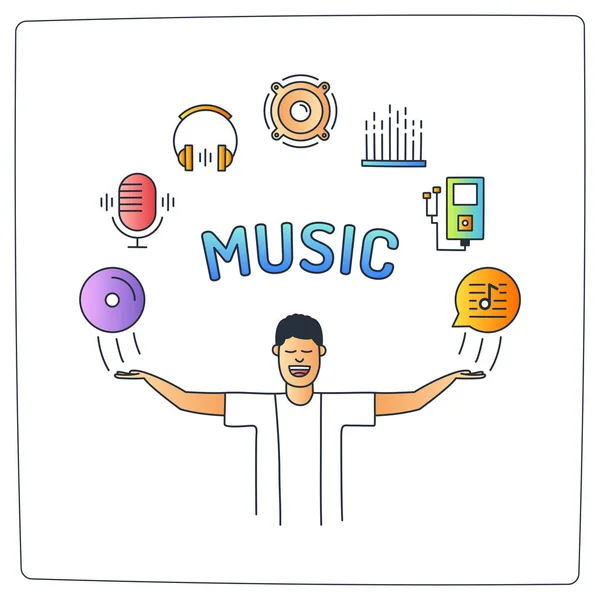 Personaggio Uomo Musica Con Mani Alto Audio Doodle Icone — Vettoriale Stock