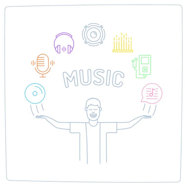 Personaje Hombre Música Con Las Manos Arriba Audio Doodle Iconos — Archivo Imágenes Vectoriales