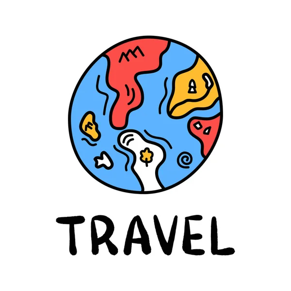 Cartoni Animati Viaggio Terra Pianeta Doodle Lettering Decorazione Design Testo — Vettoriale Stock