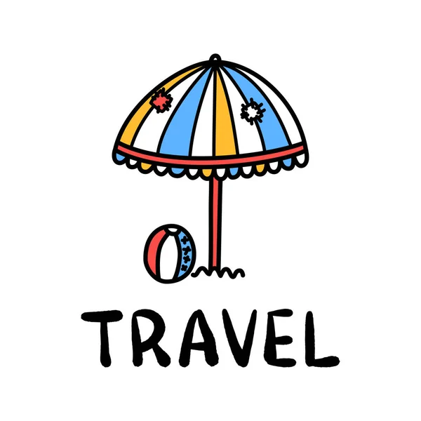 Cartoon Travel Sun Umbrella Doodle Lettering Decoration Design Drawing Text — Stock Vector