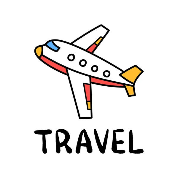 Cartoon Voyage Avion Gribouillage Lettrage Pour Conception Décoration Avion Volant — Image vectorielle