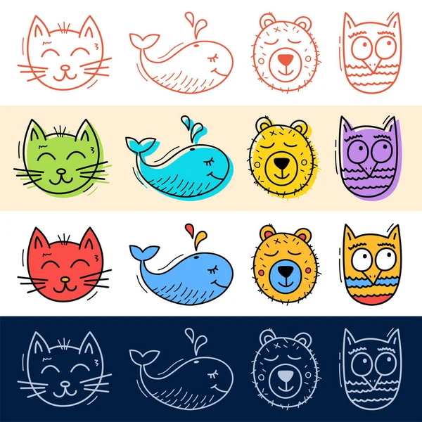 Hand Draw Cat Owl Whale Bear Icon Set Doodle Style — Stock Vector