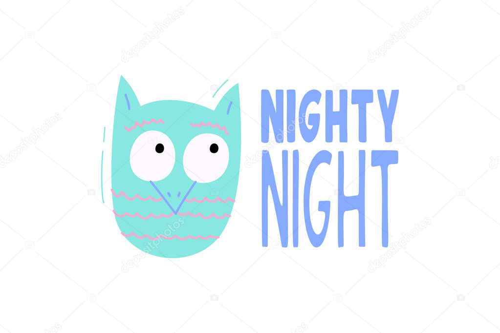 Cute vector owl with phrase nighty night - illustration cut out from actual paper. Scrapbook element. Art poster for nursery or kids room poster