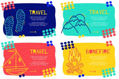 Sayfa düzeni farklı öğe, metin bloğu ile açılış soyut ayarla ve doodle seyahat, mountaine, adım, şenlik ateşi simgesi. Vektör eğlenceli arka plan