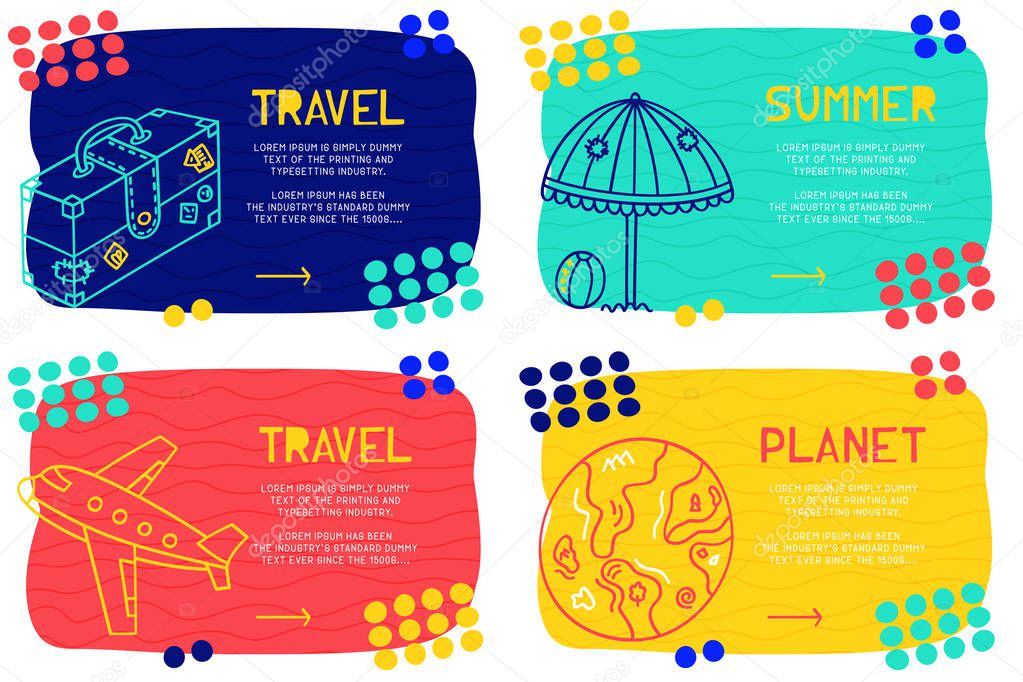 Set Abstract landing page pattern with different element, text block and doodle case, sun umbrella, planet, plane, travel icon. Vector fun background