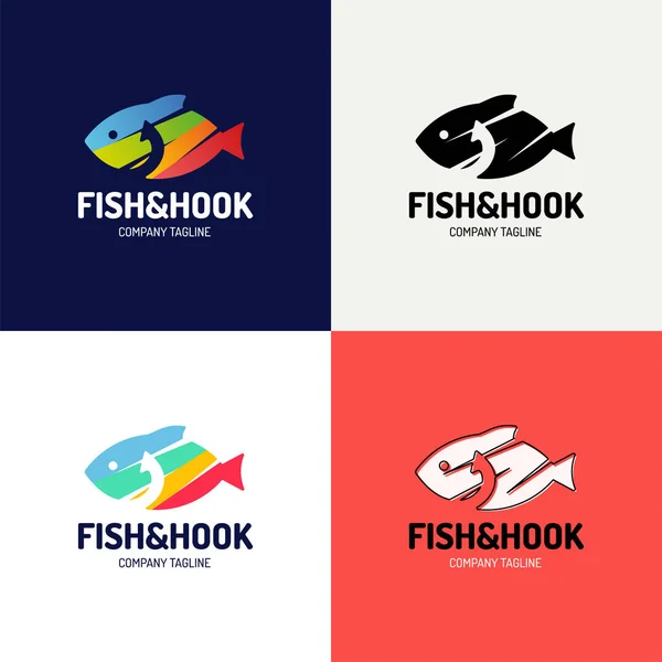 Abstract colorful fish and fishing hook. Vector fishing logo, label, emblem design elements. Trendy isolated illustration