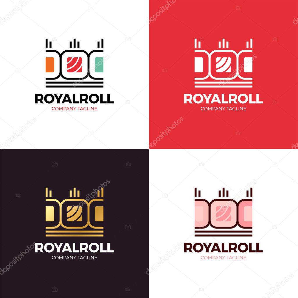 Japanese seafood restaurant symbol of fresh royal sushi or roll with king crown