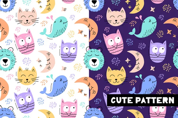 Seamless childish pattern with funny animals faces . Creative sc — Stock Vector