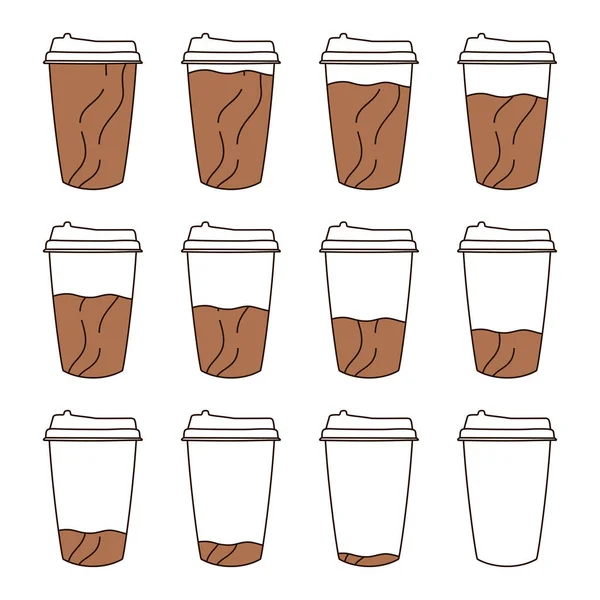 Izolovaná sada 12 papírových kelímků na kávu s víčkem doodle st — Stockový vektor