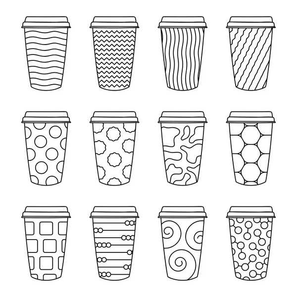 Изолированный набор из 12 бумажных текстурных чашек для кофе с — стоковый вектор