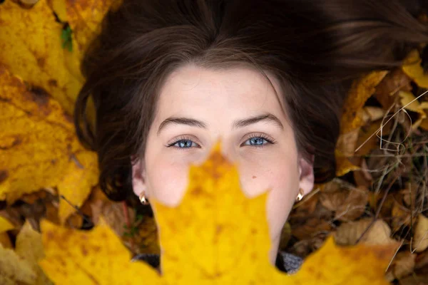 Вид сверху симпатичной девушки с голубыми глазами, которая осенью лежит — стоковое фото