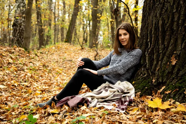 Cute girl in a gray jacket sitting in the autumn forest on a yel — Stock Photo, Image