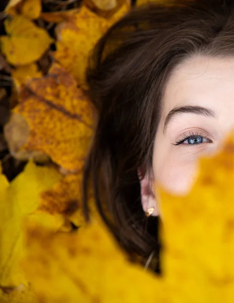 Vista superior de una linda chica con ojos azules, que en el otoño se encuentra o —  Fotos de Stock