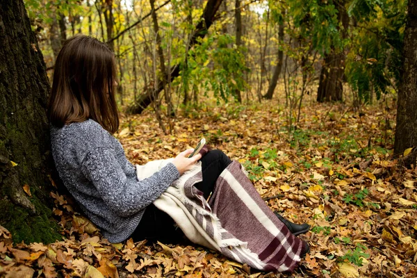 Молодая красивая девушка в серой куртке сидит осенью впереди — стоковое фото