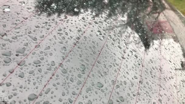 Gotas de lluvia en la superficie de los cristales de la ventana con fondo nublado. Patrón natural de gotas de lluvia. Conduciendo bajo la lluvia. Vista desde la ventana del coche con gotas . — Vídeos de Stock