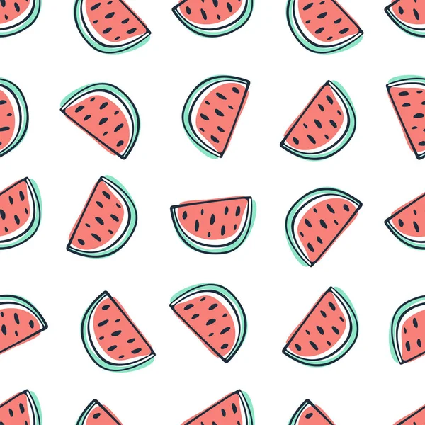 Wassermelone nahtloses Muster in skizzenhaftem Stil auf weißem Hintergrund — Stockvektor