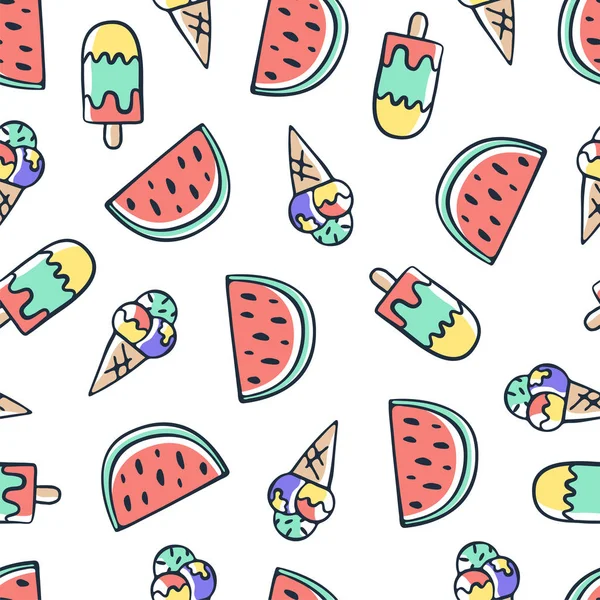 Hand zeichnen Doodle-Eis und Wassermelone nahtlose Muster. summ — Stockvektor