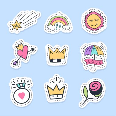 Aşk çıkartmaları, iğneler, yamalar ve el yazısı koleksiyonu seti i