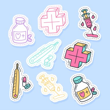 Tıp çıkartmaları, iğneler, yamalar ve el yazısı collecti seti