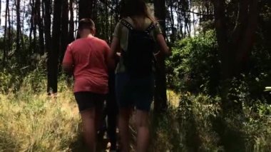 Korosten - Jule, 4, 2019: Ormanda Yürüyüş Çünki Yürüyüşçüler Grubu. Yoğun Yağmur Ormanı Doğa ile Sırt Çantaları ile Trek Yürüyüş çocukların Arka Arka Görünümü. Hd Slowmotion Aktif Yaşam Tarzı Görüntüleri
