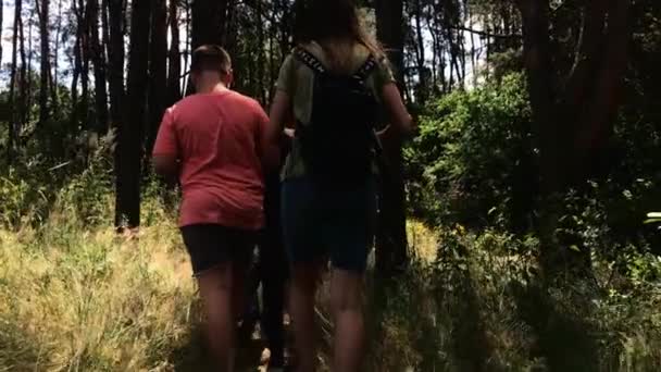 КОРОСТЕН - 4 июля 2019 года: Группа пеших походов в джунглях. Вид сзади на детей, идущих в поход с рюкзаками через густую природу Раинского леса. HD Slowmotion Active Live Footage — стоковое видео