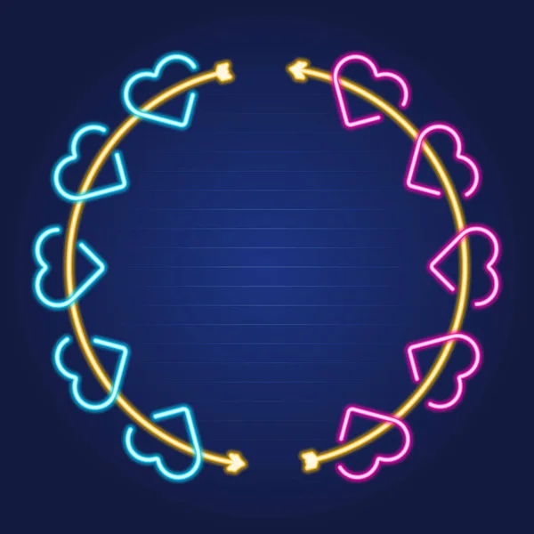 Flecha y corona de corazón simple contorno de neón luminoso colorido fra — Vector de stock