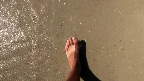 슬로우 모션에서 모래 해변에서 맨발을 걷는 남자 — 비디오