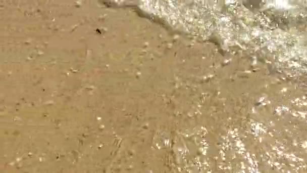 Primer plano de olas marinas lavando Ashore una playa de arena — Vídeo de stock