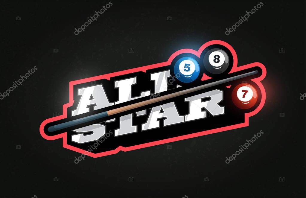 All Star Modern professional Typography billiard sport retro style vector emblem and template logo design. Funny greetings for clothes, card, badge, icon, postcard, banner, tag, stickers, print