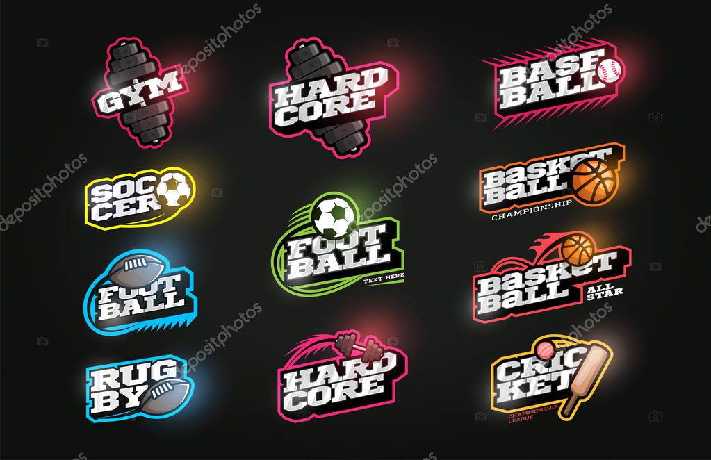 Retro style sport logo set. Modern professional Typography Soccer, Baseball, rugby, football, gym, basketball, cricket emblem logotype. Design emblem for clothes, card, badge banner, stickers, print